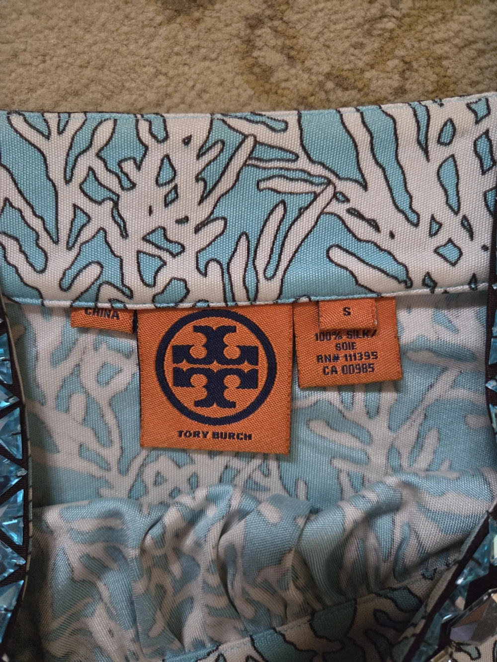 Tory Burch Light Blue and White Sleeveless Dress With Crystal Trim, Size Small